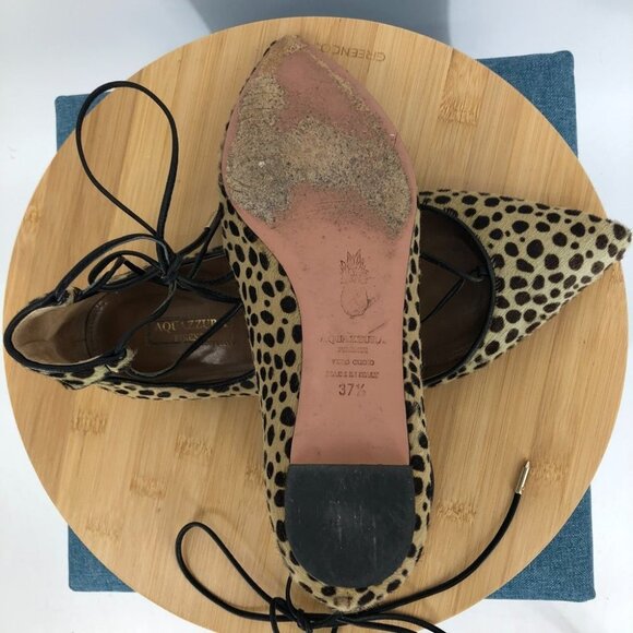 AQUAZZURA Christy Leopard-print Calf Hair Point-toe ankle wrap Flats 37.5 - Picture 8 of 16